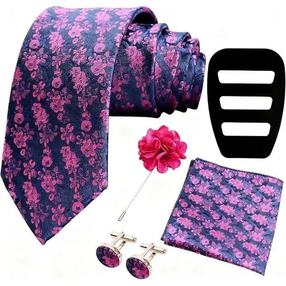 Men's 6pc Silk Blend Floral Tie Handkerchief Lapel Pin Cufflinks Set Pink/Purple